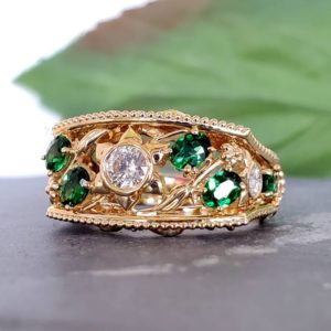 14k Yellow Gold Tsavorite & Diamond Statement Ring