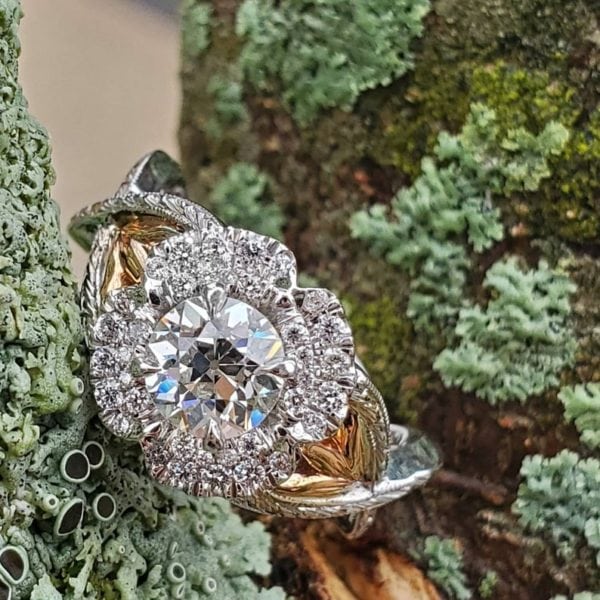 Vintage Inspited Hand Engraved European Cut Diamond Flower Ring